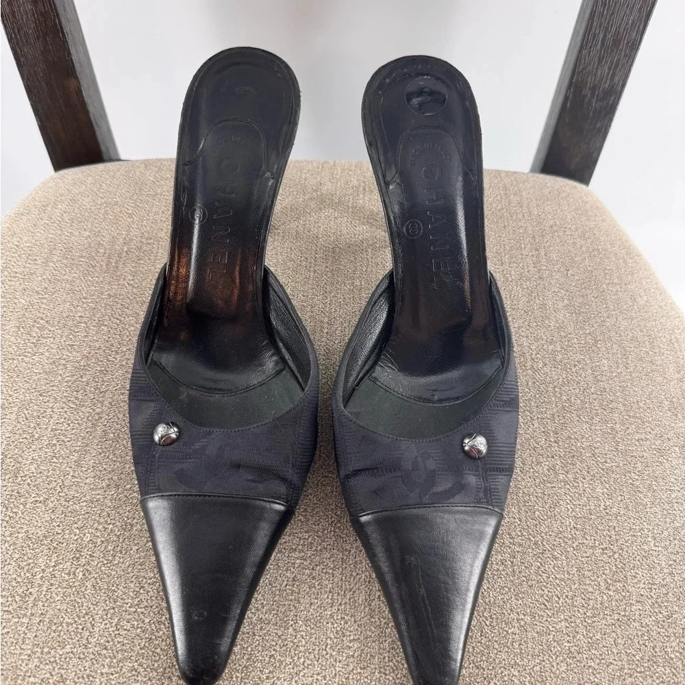 Chanel Travel Line Mules Canvas & Leather Pumps EUR 39 US 8.5
